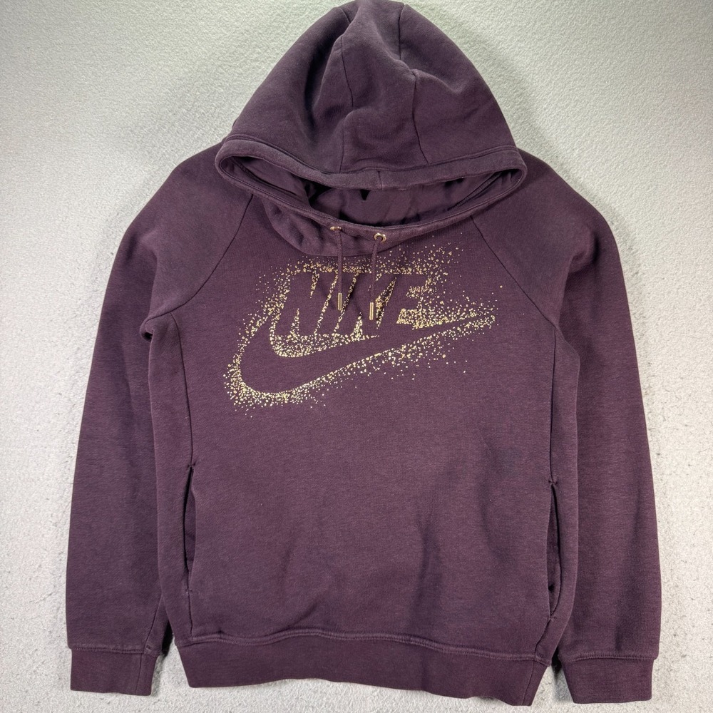 Nike Funnel Neck Cover Up Hoodie Sweatshirt Womens XS Purple Gold Metalic Fleece
